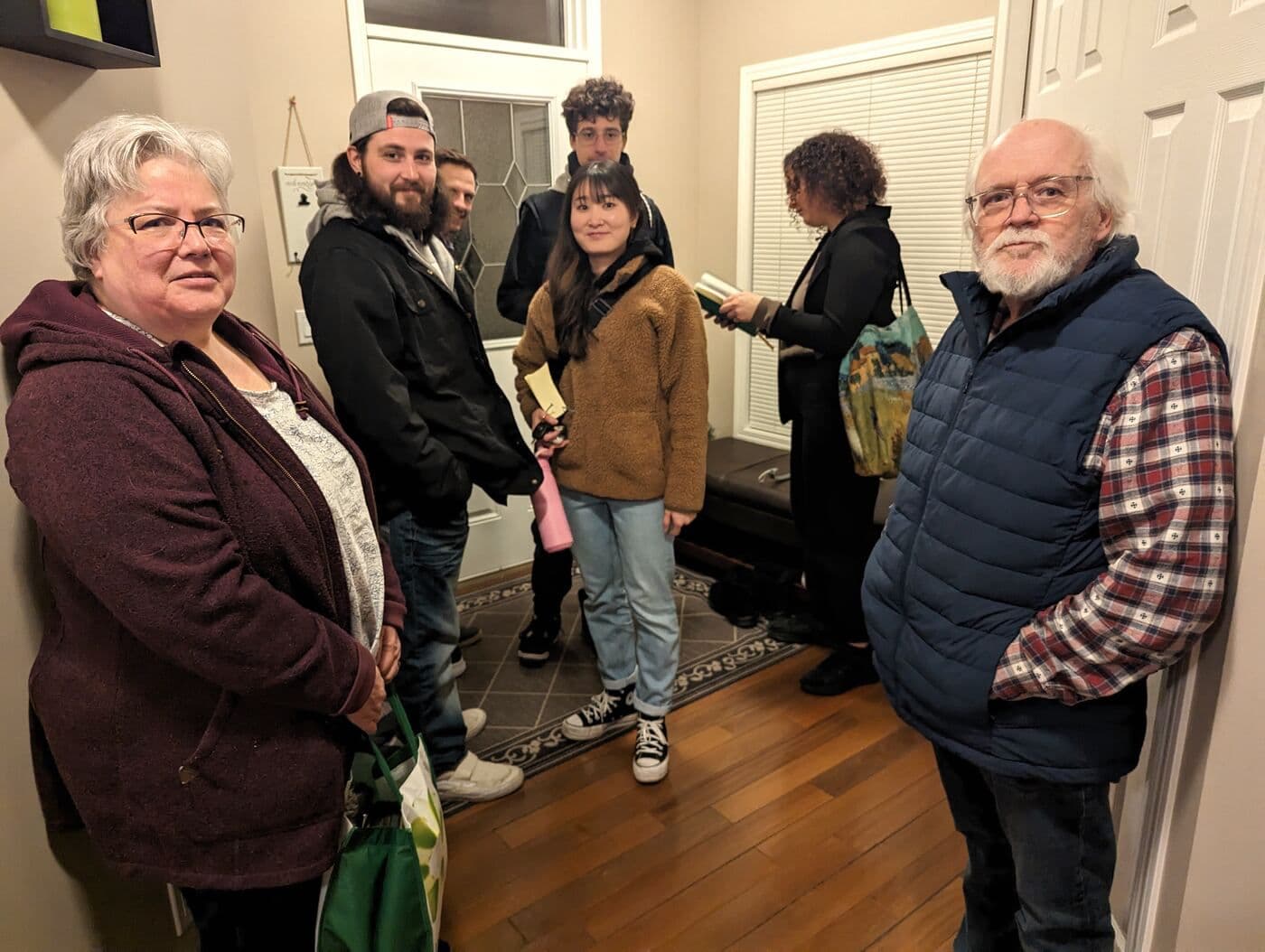 Church members greeting each other at the door